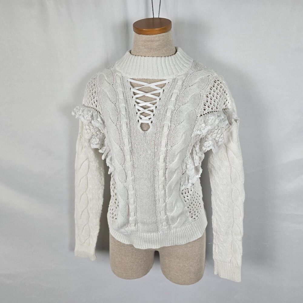 Ronny Kobo Sweater Women's XS Ivory Ruffled Lace Mixed Knit Paige Romantic Boho